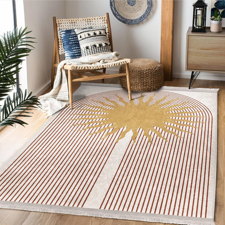 Sunburst Pattern Rug|Geometric Carpet|Boho Modern Carpet|Natural Floor Mat|Washable&Non-Slip|Warm Earthy Decor|Stylish Room Accent