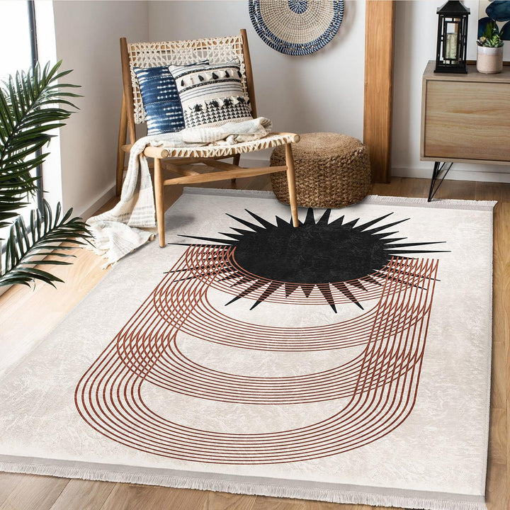 Modern Geometric Rug|Minimalist Arches & Sun Motif Carpet|Neutral Color Carpet|Art-Inspired Floor Decor|Seasonless Living Room Area Rug