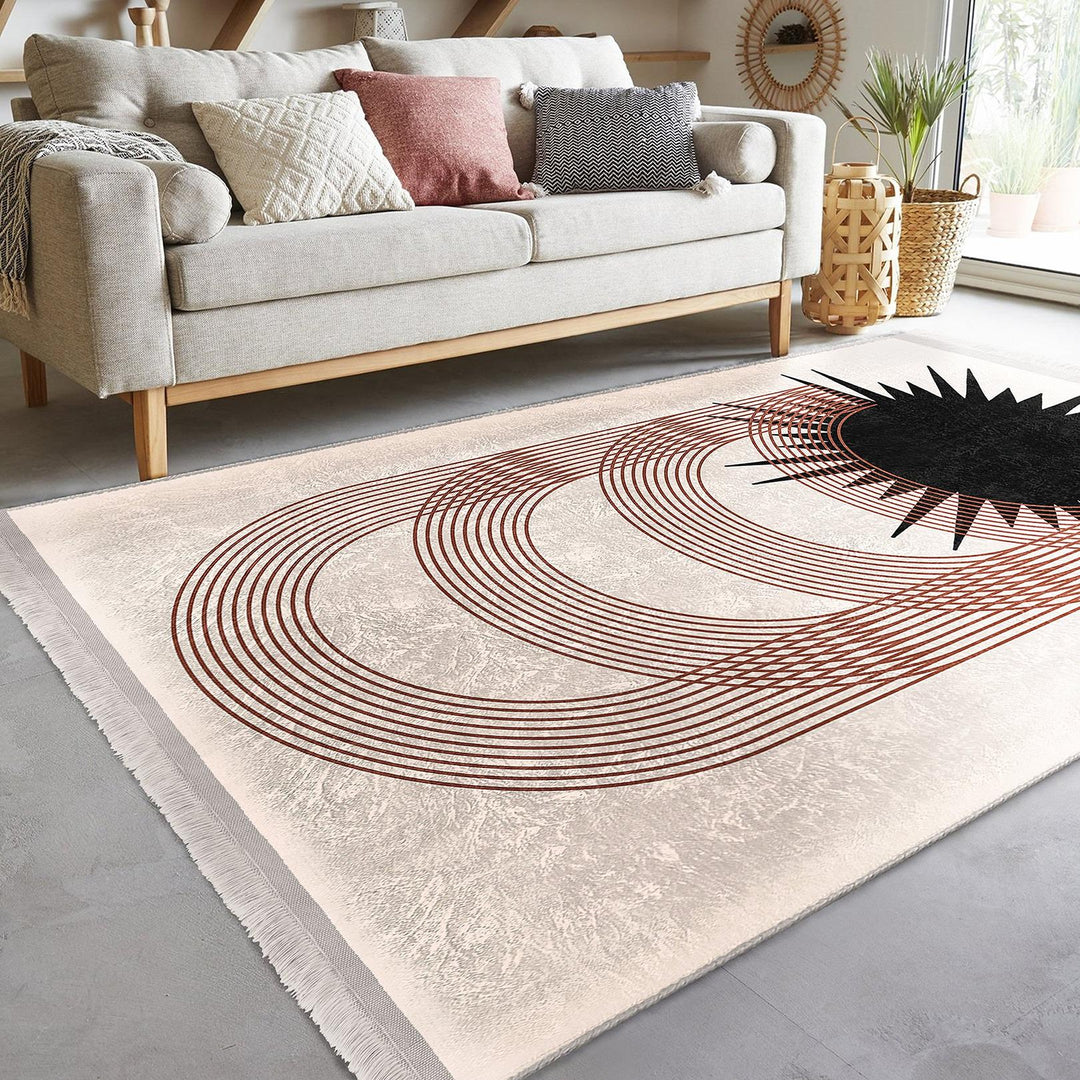 Modern Geometric Rug|Minimalist Arches & Sun Motif Carpet|Neutral Color Carpet|Art-Inspired Floor Decor|Seasonless Living Room Area Rug