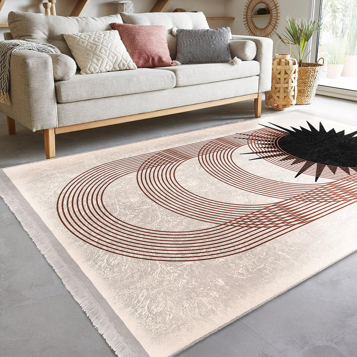Modern Geometric Rug|Minimalist Arches & Sun Motif Carpet|Neutral Color Carpet|Art-Inspired Floor Decor|Seasonless Living Room Area Rug