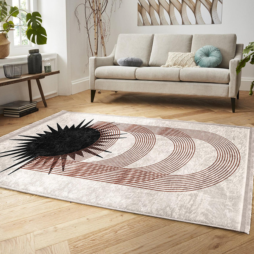 Modern Geometric Rug|Minimalist Arches & Sun Motif Carpet|Neutral Color Carpet|Art-Inspired Floor Decor|Seasonless Living Room Area Rug