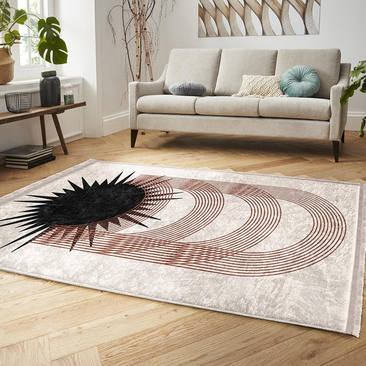 Modern Geometric Rug|Minimalist Arches & Sun Motif Carpet|Neutral Color Carpet|Art-Inspired Floor Decor|Seasonless Living Room Area Rug