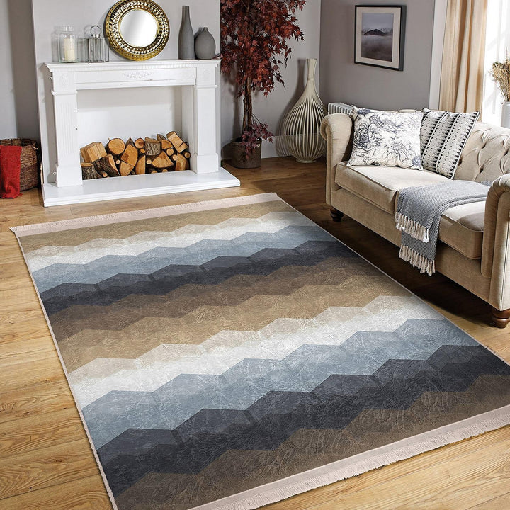Zigzag Geometric Rug|Modern Multicolor Carpet|Neutral Brown & Blue Tones|Art-Inspired Floor Decor|Statement Living Room Area Rug
