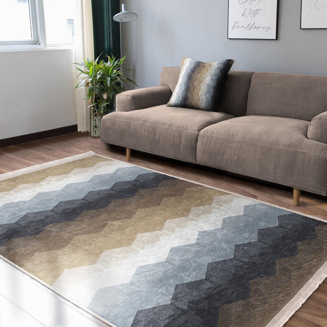 Zigzag Geometric Rug|Modern Multicolor Carpet|Neutral Brown & Blue Tones|Art-Inspired Floor Decor|Statement Living Room Area Rug