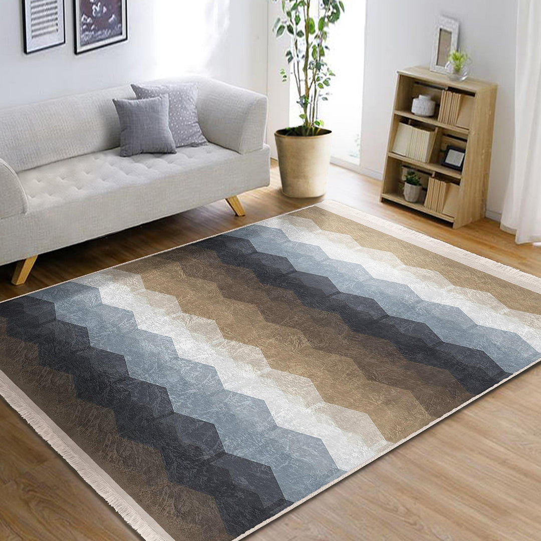 Zigzag Geometric Rug|Modern Multicolor Carpet|Neutral Brown & Blue Tones|Art-Inspired Floor Decor|Statement Living Room Area Rug