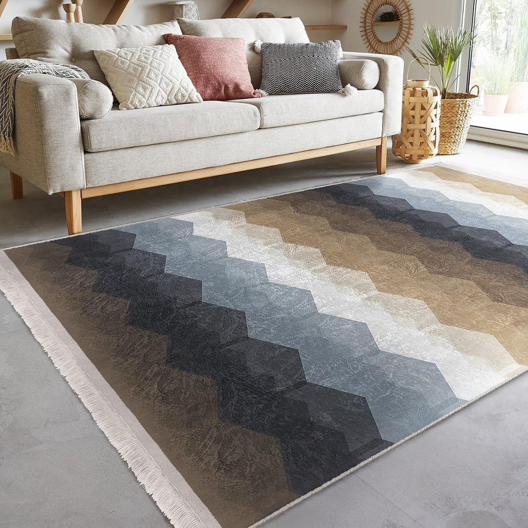 Zigzag Geometric Rug|Modern Multicolor Carpet|Neutral Brown & Blue Tones|Art-Inspired Floor Decor|Statement Living Room Area Rug