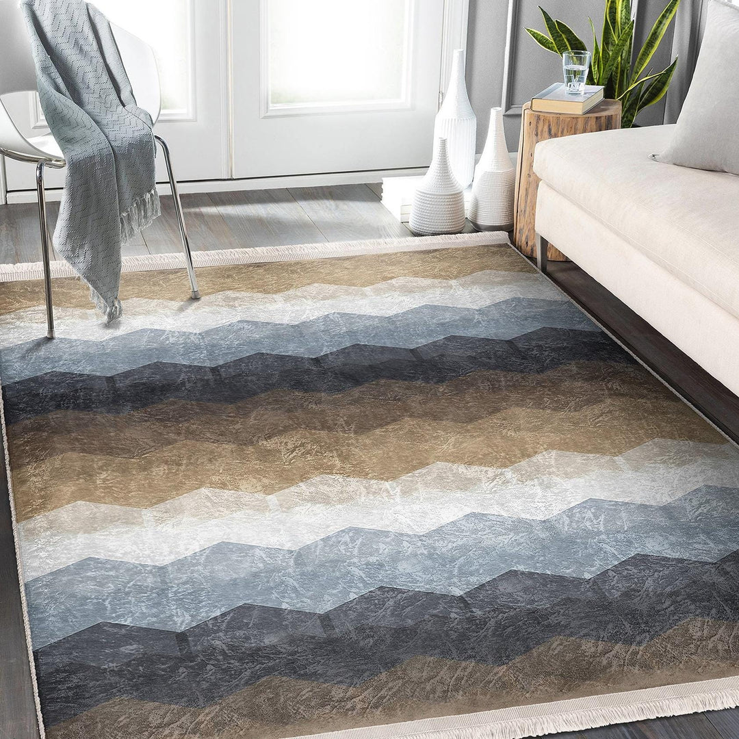 Zigzag Geometric Rug|Modern Multicolor Carpet|Neutral Brown & Blue Tones|Art-Inspired Floor Decor|Statement Living Room Area Rug