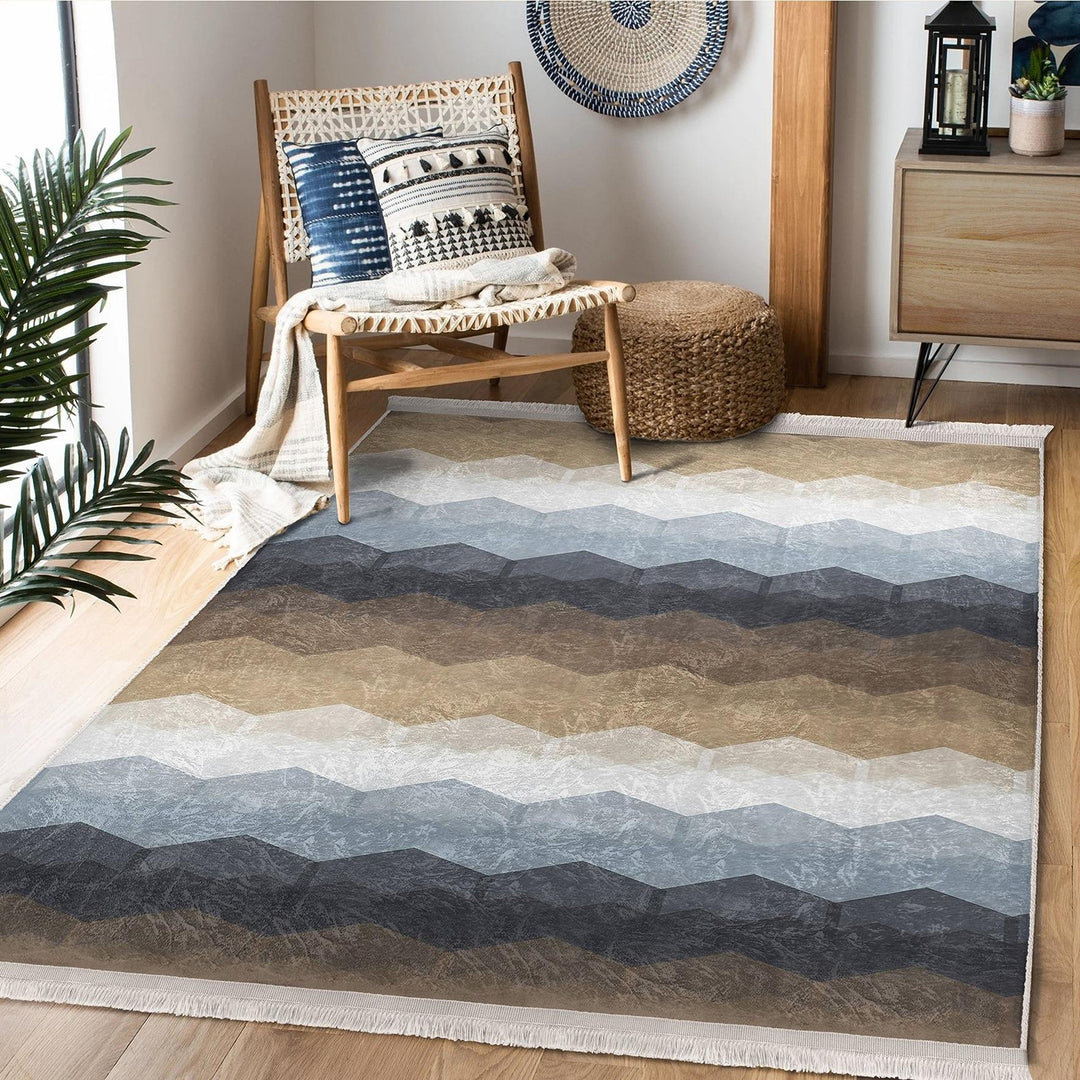 Zigzag Geometric Rug|Modern Multicolor Carpet|Neutral Brown & Blue Tones|Art-Inspired Floor Decor|Statement Living Room Area Rug
