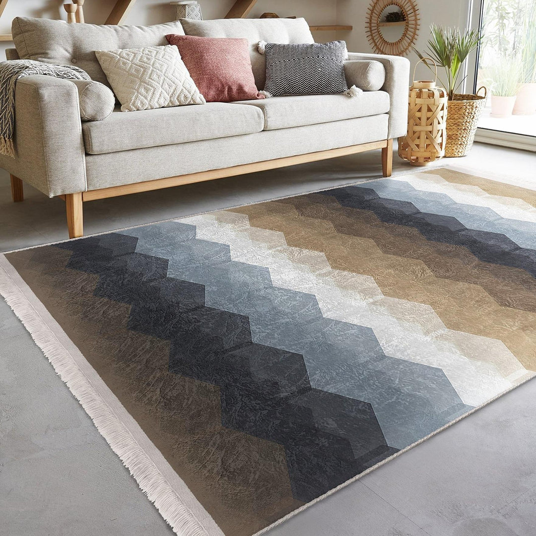 Zigzag Geometric Rug|Modern Multicolor Carpet|Neutral Brown & Blue Tones|Art-Inspired Floor Decor|Statement Living Room Area Rug