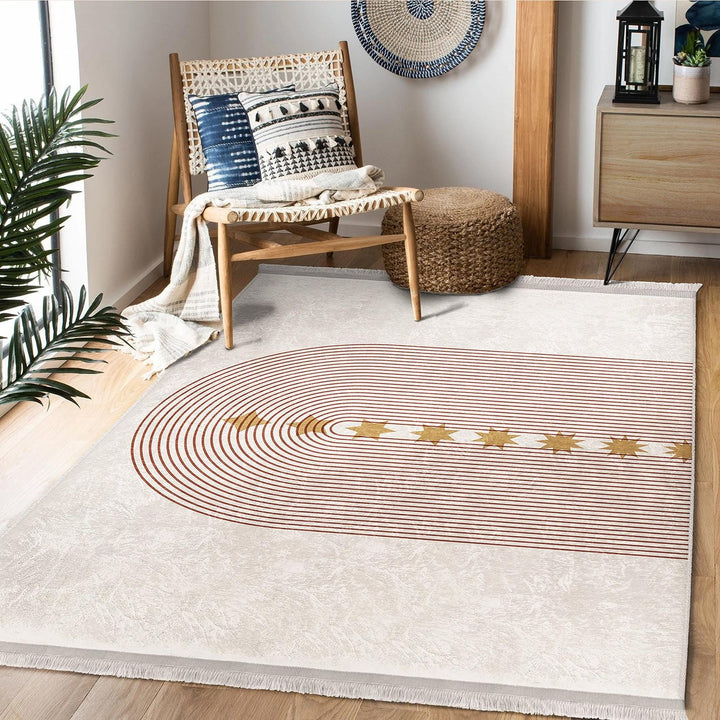 Arched Line Rug with Golden Stars|Modern Abstract Carpet|Neutral Tones Rug|Celestial-Inspired Floor Decor|Artistic Living Room Area Rug