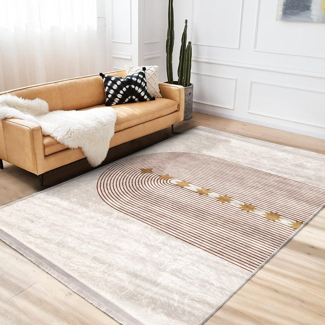 Arched Line Rug with Golden Stars|Modern Abstract Carpet|Neutral Tones Rug|Celestial-Inspired Floor Decor|Artistic Living Room Area Rug