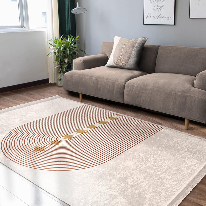 Arched Line Rug with Golden Stars|Modern Abstract Carpet|Neutral Tones Rug|Celestial-Inspired Floor Decor|Artistic Living Room Area Rug