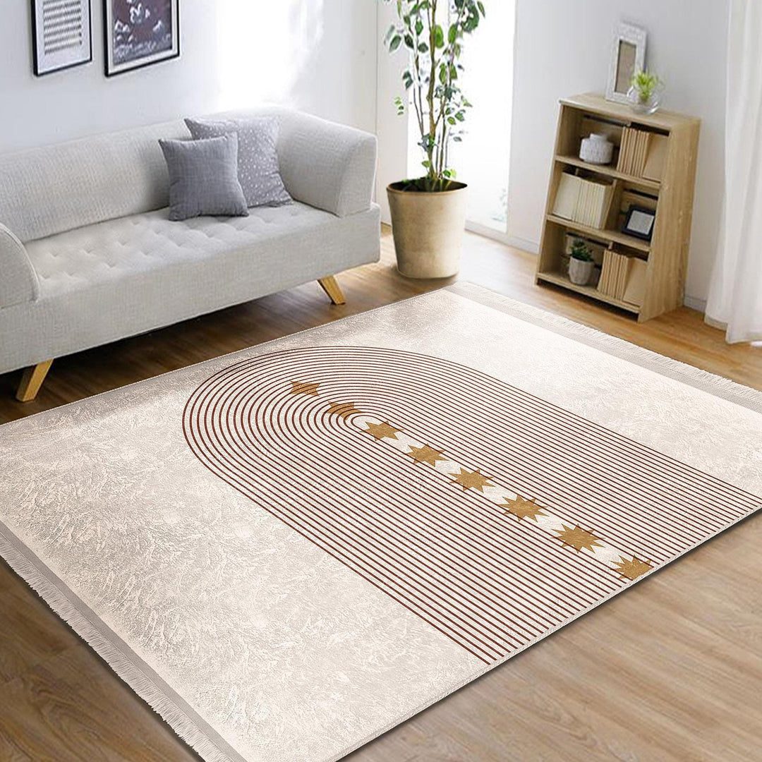 Arched Line Rug with Golden Stars|Modern Abstract Carpet|Neutral Tones Rug|Celestial-Inspired Floor Decor|Artistic Living Room Area Rug