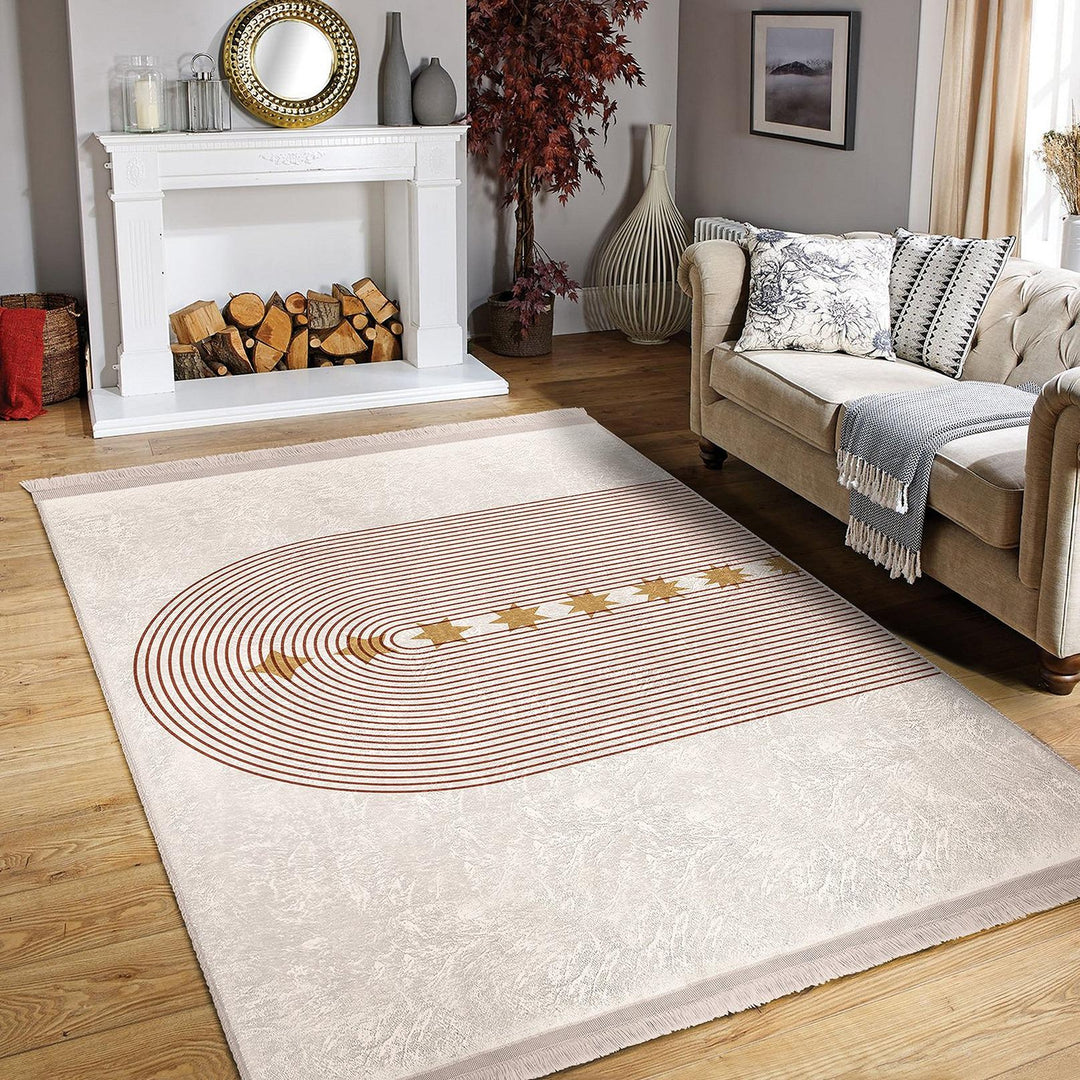 Arched Line Rug with Golden Stars|Modern Abstract Carpet|Neutral Tones Rug|Celestial-Inspired Floor Decor|Artistic Living Room Area Rug