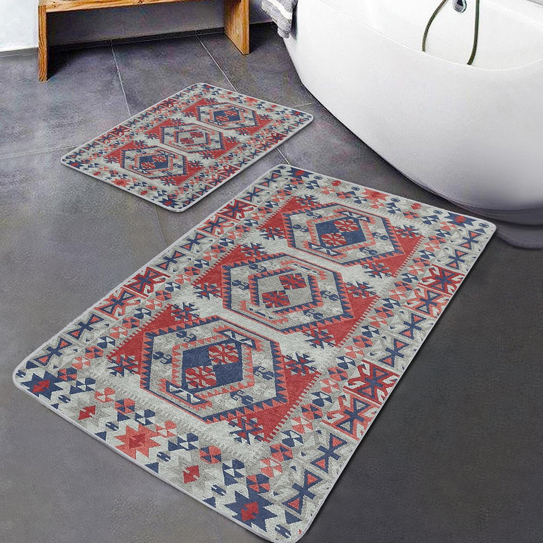 Set of 2 Kilim Design Bath Mat|Non-Slip Bathroom Decor|Southwestern Bath Rug|Rug Design Kitchen Floor Mat|Shower and Home Entrance Carpet