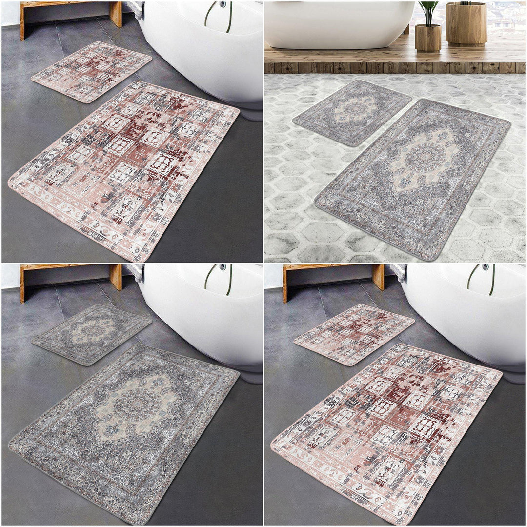 Set of 2 Kilim Motif Bath Mat|Non-Slip Bathroom Decor|Southwestern Bath Rug|Rug Design Kitchen Floor Mat|Shower and Home Entrance Carpet