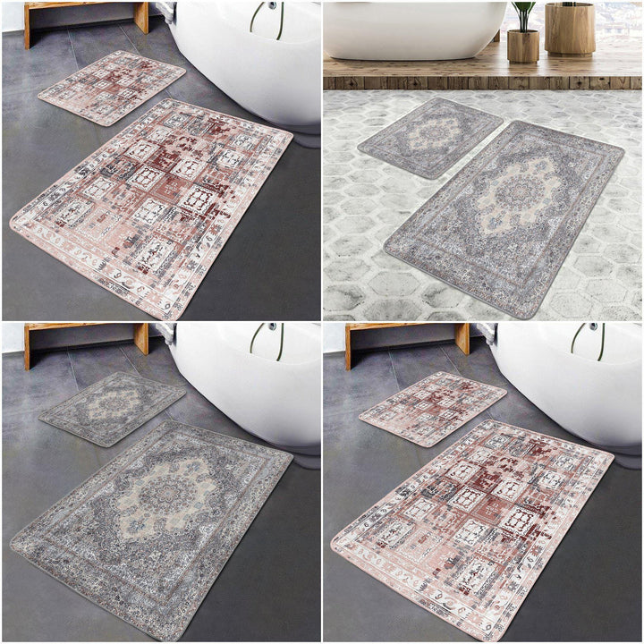 Set of 2 Kilim Motif Bath Mat|Non-Slip Bathroom Decor|Southwestern Bath Rug|Rug Design Kitchen Floor Mat|Shower and Home Entrance Carpet