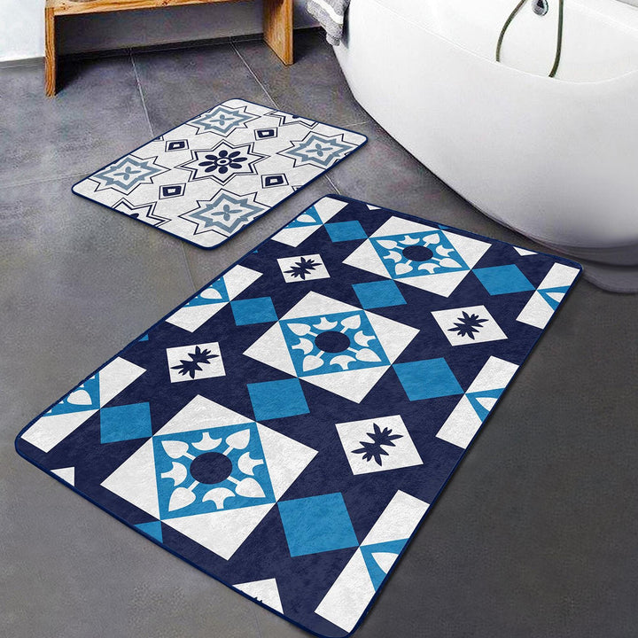 Set of 2 Geometric Bath Mat|Non-Slip Bathroom Decor|Cozy Bath Rug|Abstract Design Kitchen Floor Mat|Shower and Home Entrance Carpet