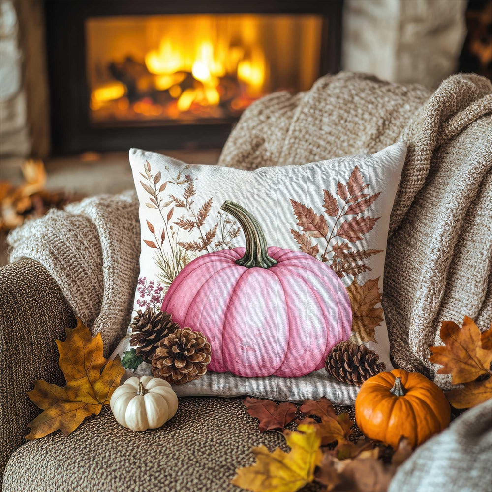 Pink Pumpkin & Pinecone Pillow Cover|Autumn Leaf Cushion Case|Thanksgiving Garden Pillowcase|Rustic Bloom Accent|Cozy Fireside Decor
