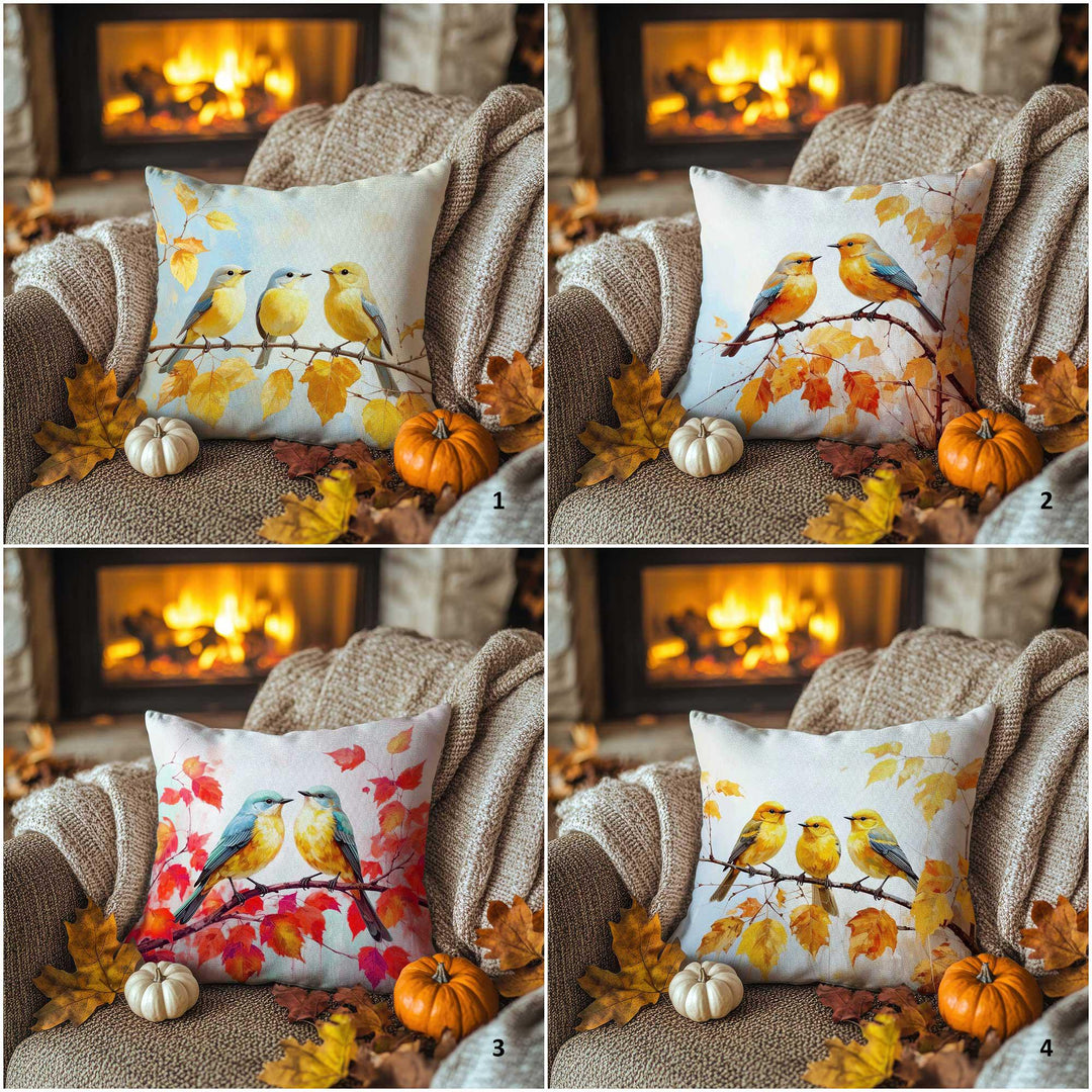 Bird Print Fall Trend Pillowcase|Autumn Leaf Cushion Case|Fall Perch Pillow Cover|Rustic Color Blend Accent|Thanksgiving Living Decor