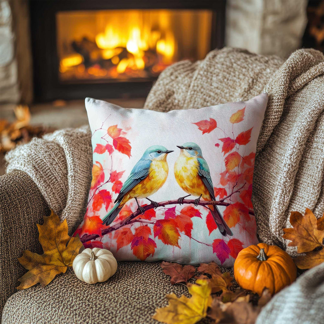 Bird Print Fall Trend Pillowcase|Autumn Leaf Cushion Case|Fall Perch Pillow Cover|Rustic Color Blend Accent|Thanksgiving Living Decor