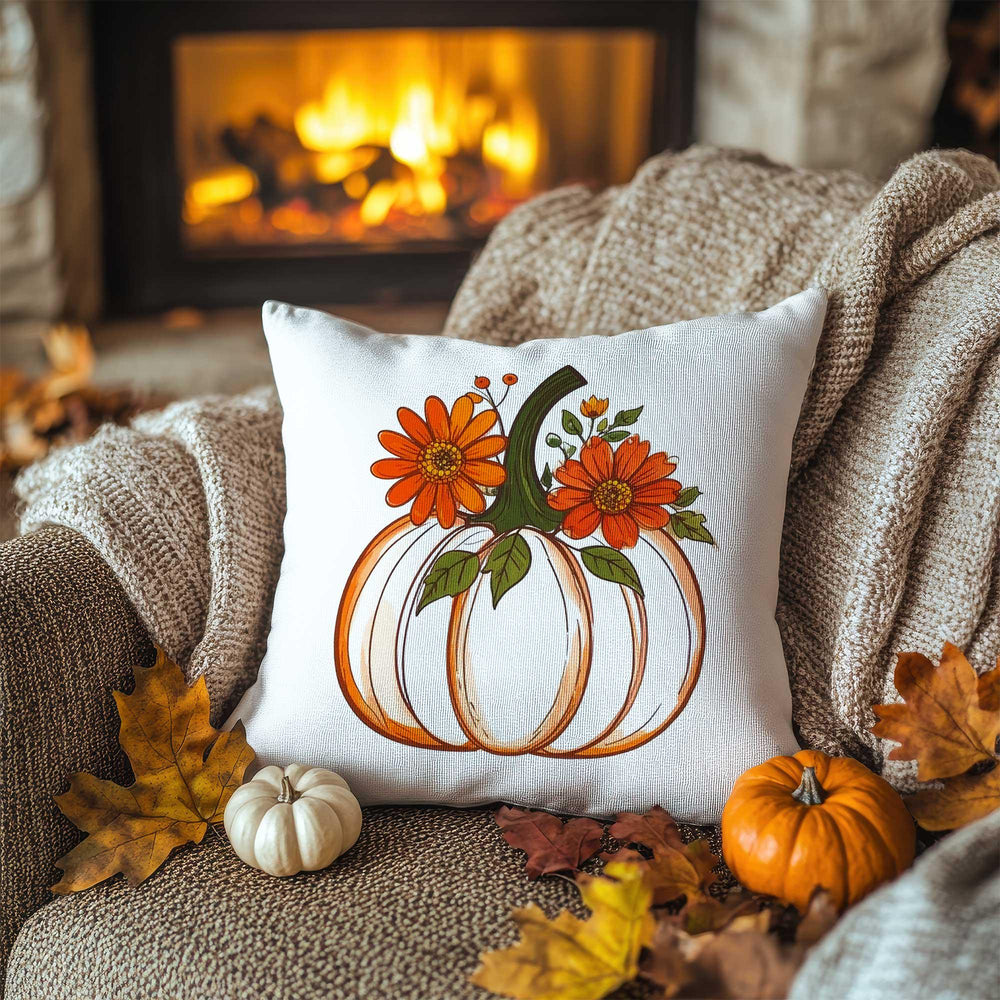 Floral Pumpkin Pillow Cover in Orange & White|Autumn Bloom Cushion Case|Thanksgiving Garden Pillowcase|Rustic Petal Accent|Fall Sofa Decor
