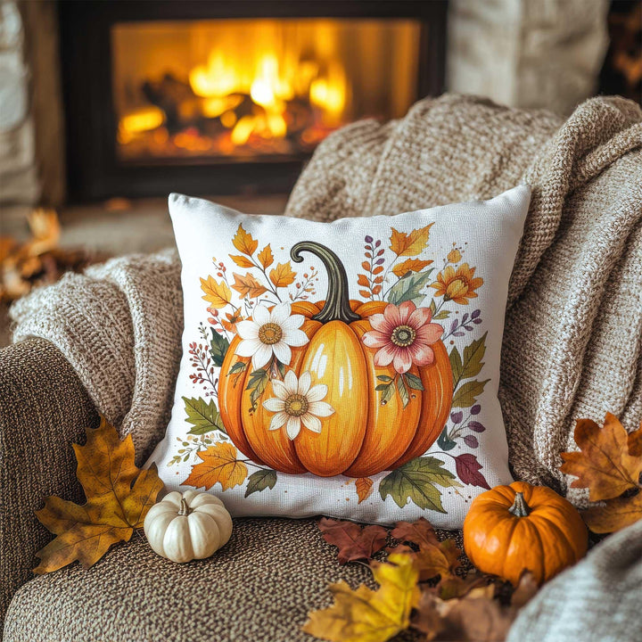 Floral Pumpkin Pillow Cover in Orange & White|Autumn Bloom Cushion Case|Thanksgiving Garden Pillowcase|Rustic Petal Accent|Fall Sofa Decor