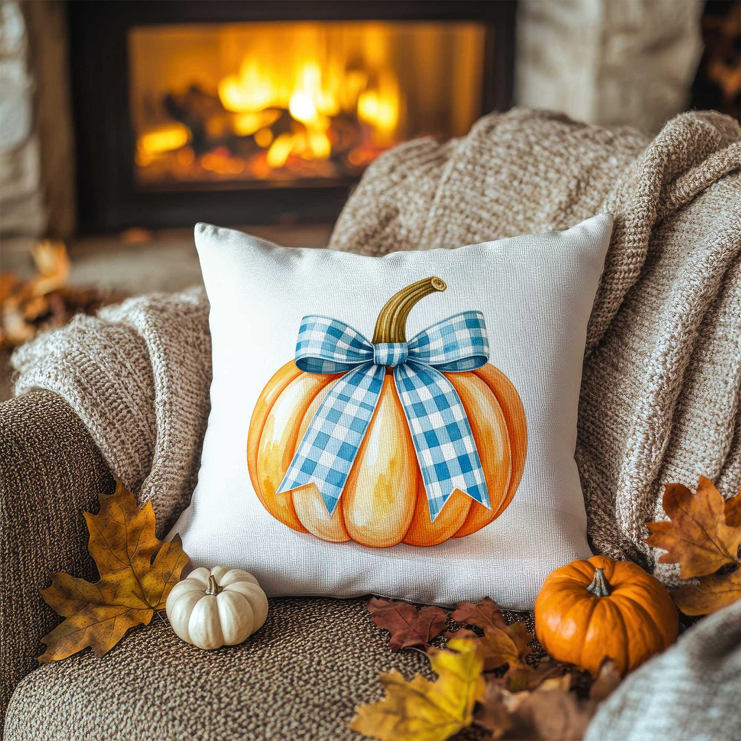 Ribboned Pumpkin Pillow Cover|Autumn Bow Cushion Case|Thanksgiving Charm Pillowcase|Rustic Accent Thread|Cozy Fireside Decor