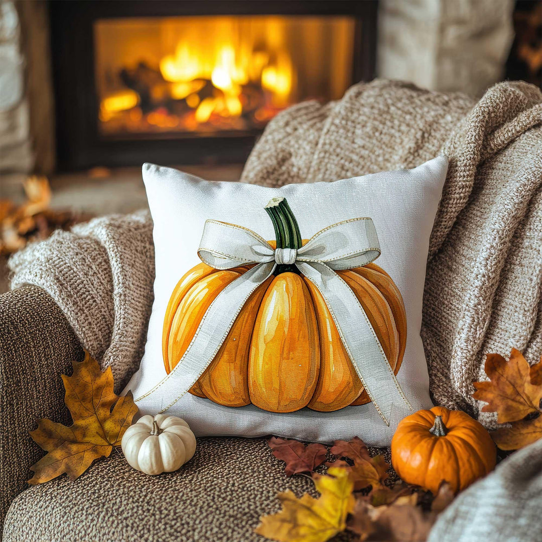 Ribboned Pumpkin Pillow Cover|Autumn Bow Cushion Case|Thanksgiving Charm Pillowcase|Rustic Accent Thread|Cozy Fireside Decor