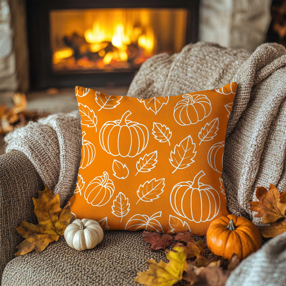 Orange and White Design Fall Pillowcase|Autumn Greeting Cushion Case|Pumpkin Sketch Pillow Cover|Thanksgiving Living Decor