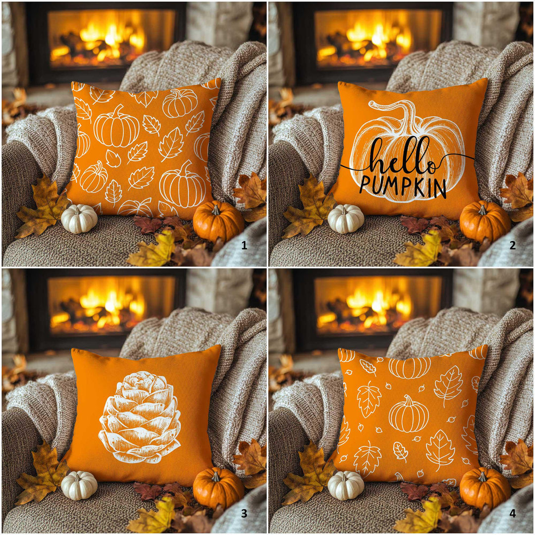 Orange and White Design Fall Pillowcase|Autumn Greeting Cushion Case|Pumpkin Sketch Pillow Cover|Thanksgiving Living Decor