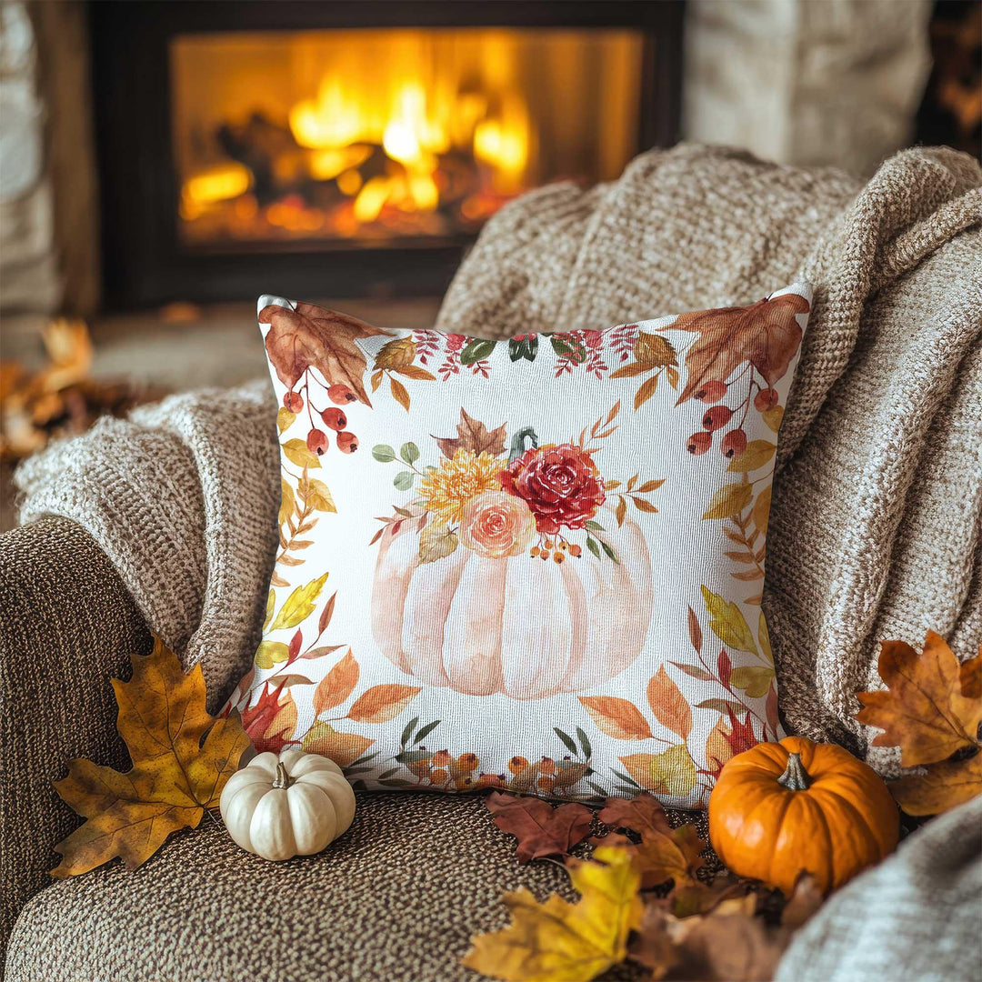 Autumn Pumpkin Pillow Cover|Floral Harvest Cushion Case|Thanksgiving Garden Pillowcase|Rustic Bloom Accent|Seasonal Cozy Decor