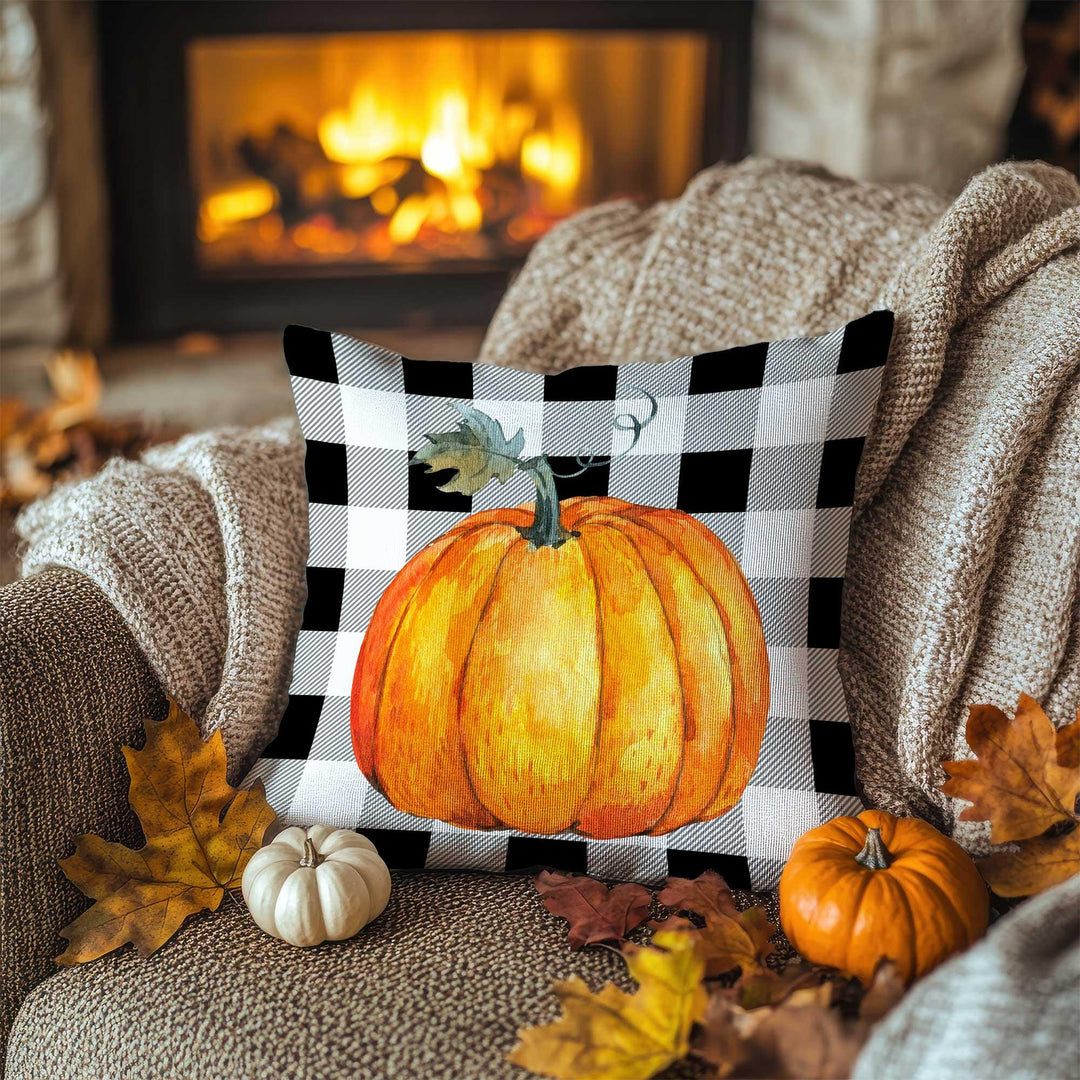 Fall Trend Buffalo Check Pillow Cover|Autumn Leaf Cushion Case|Thanksgiving Text Pillowcase|Rustic Pumpkin Accent|Cozy Sofa Decor