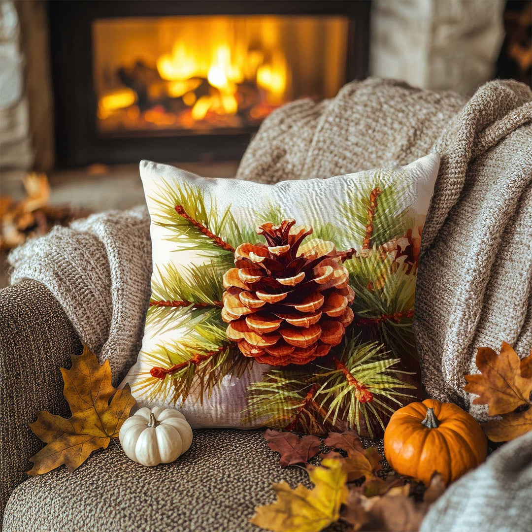 Autumn Pine Needle and Cone Pillowcase|Fall Harvest Cushion Case|Cozy Cabin Pillow Cover|Woodland Retreat Accent|Thanksgiving Home Decor