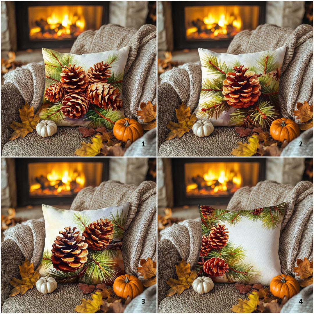 Autumn Pine Needle and Cone Pillowcase|Fall Harvest Cushion Case|Cozy Cabin Pillow Cover|Woodland Retreat Accent|Thanksgiving Home Decor