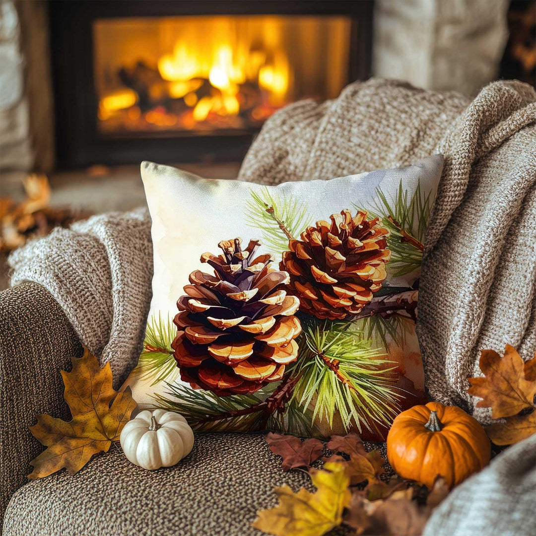 Autumn Pine Needle and Cone Pillowcase|Fall Harvest Cushion Case|Cozy Cabin Pillow Cover|Woodland Retreat Accent|Thanksgiving Home Decor