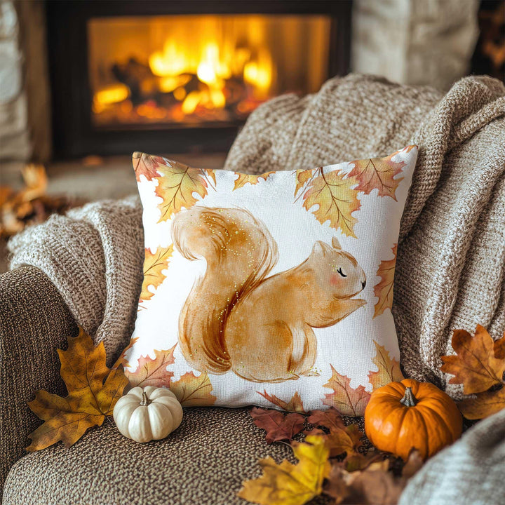 Squirrel and Leaf Print Pillowcase|Rustic Plaid Cushion Case|Fall Trend Pillow Cover|Warm Woodland Accent|Farmhouse Autumn Decor