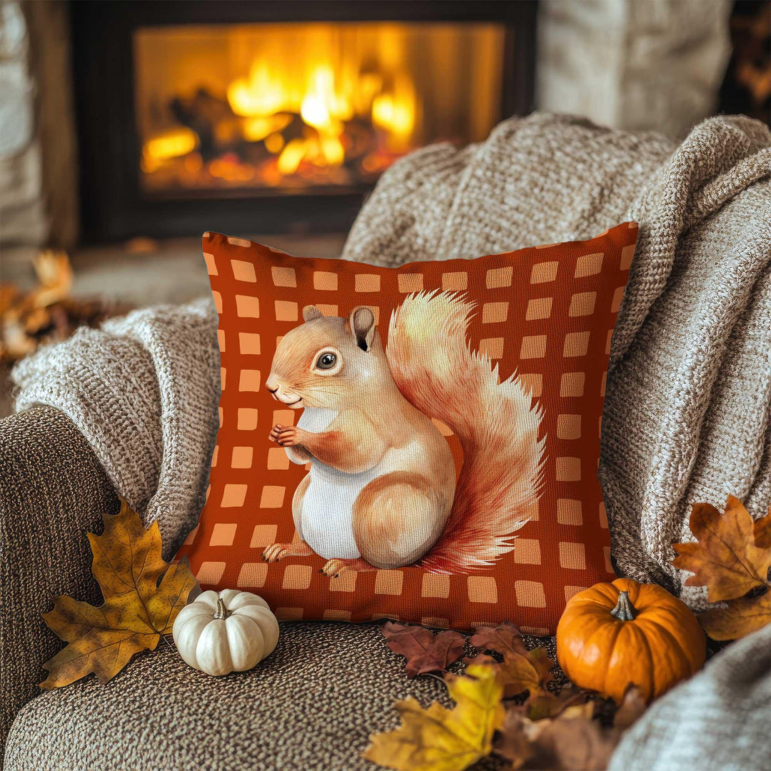 Squirrel and Leaf Print Pillowcase|Rustic Plaid Cushion Case|Fall Trend Pillow Cover|Warm Woodland Accent|Farmhouse Autumn Decor