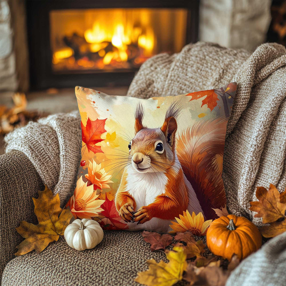 Fall Trend Pillow Cover|Autumn Squirrel Cushion Case|Rustic Pumpkin Pillowcase|Harvest Season Accent|Farmhouse Cozy Decor