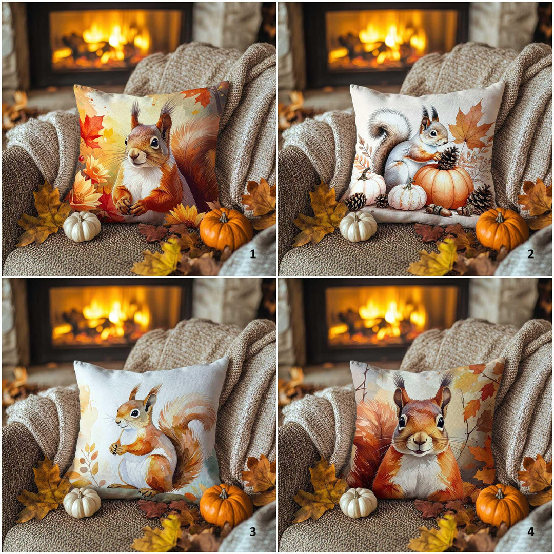 Fall Trend Pillow Cover|Autumn Squirrel Cushion Case|Rustic Pumpkin Pillowcase|Harvest Season Accent|Farmhouse Cozy Decor