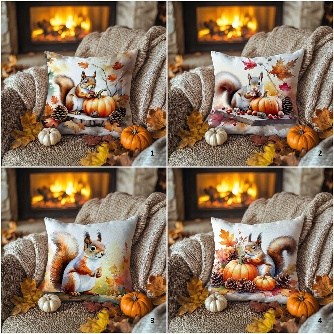 Fall Trend Pillow Cover|Autumn Squirrel Cushion Case|Rustic Forest Pillowcase|Harvest Season Accent|Farmhouse Pumpkin Sofa Decor
