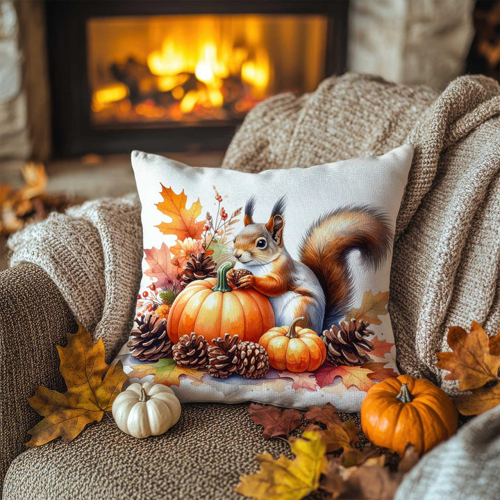 Fall Trend Pillow Cover|Autumn Squirrel Cushion Case|Rustic Forest Pillowcase|Harvest Season Accent|Farmhouse Pumpkin Sofa Decor