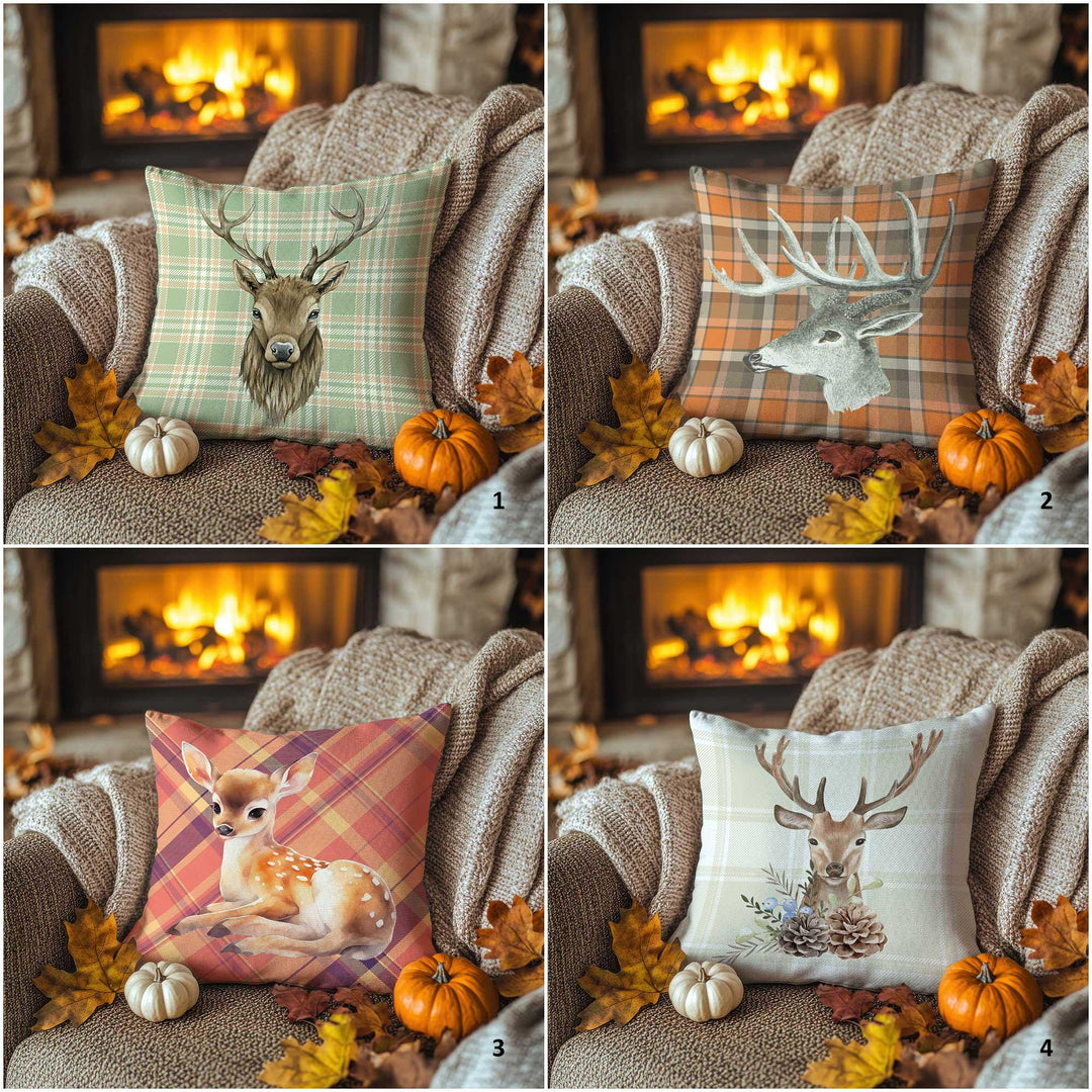 Fall Trend Pillow Cover|Plaid Deer Cushion Case|Rustic Antler Pillowcase|Autumn Lodge Accent|Farmhouse Porch Decor