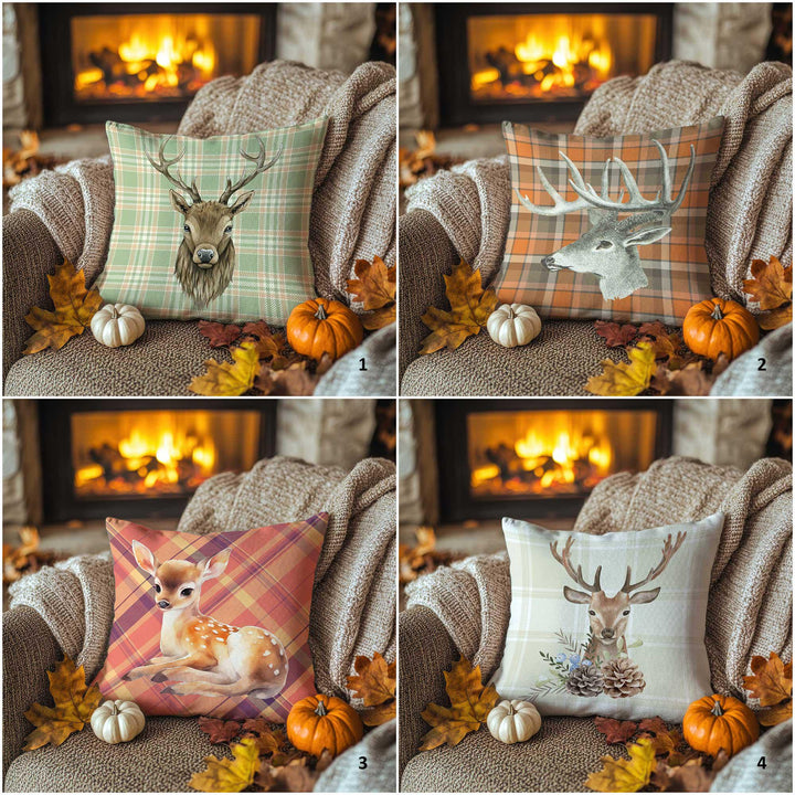 Fall Trend Pillow Cover|Plaid Deer Cushion Case|Rustic Antler Pillowcase|Autumn Lodge Accent|Farmhouse Porch Decor