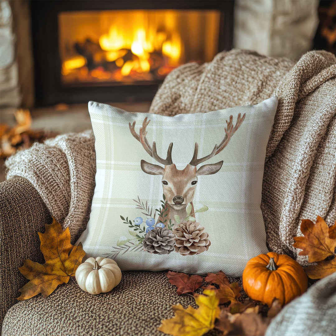 Fall Trend Pillow Cover|Plaid Deer Cushion Case|Rustic Antler Pillowcase|Autumn Lodge Accent|Farmhouse Porch Decor