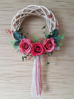 Red Rose Ribbon Lace Welcome Wreath for Front Door|Red Rose Year round Wreath with Greenery and Ladybug|Personalized Floral Wreath|Home Gift