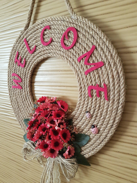 Red Fuchsia Daisy Welcome Wreath for Front Door Year Around with Ladybugs