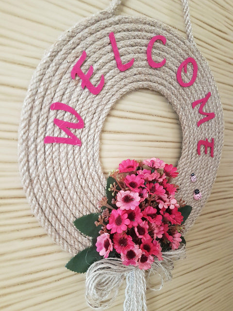 Red Fuchsia Daisy Welcome Wreath for Front Door Year Around with Ladybugs