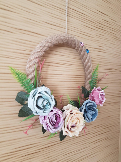 Floral Welcome Wreath|All Year Front Door Wreath|Floral Door Hanger|Wall Decor with Faux Flower|Gift for Her|Jute Rope Round Wall Sign