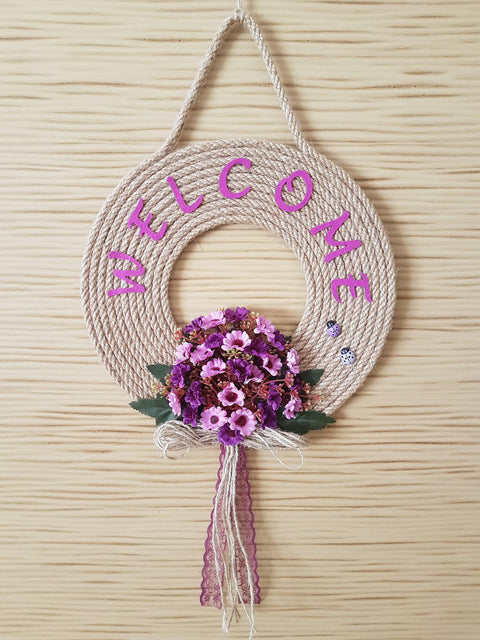 Purple Daisy Welcome Jute Rope Wreath for Front Door with Ladybugs|Personalized Year Round Wreath|Housewarming Purple Sign|Round Wreath